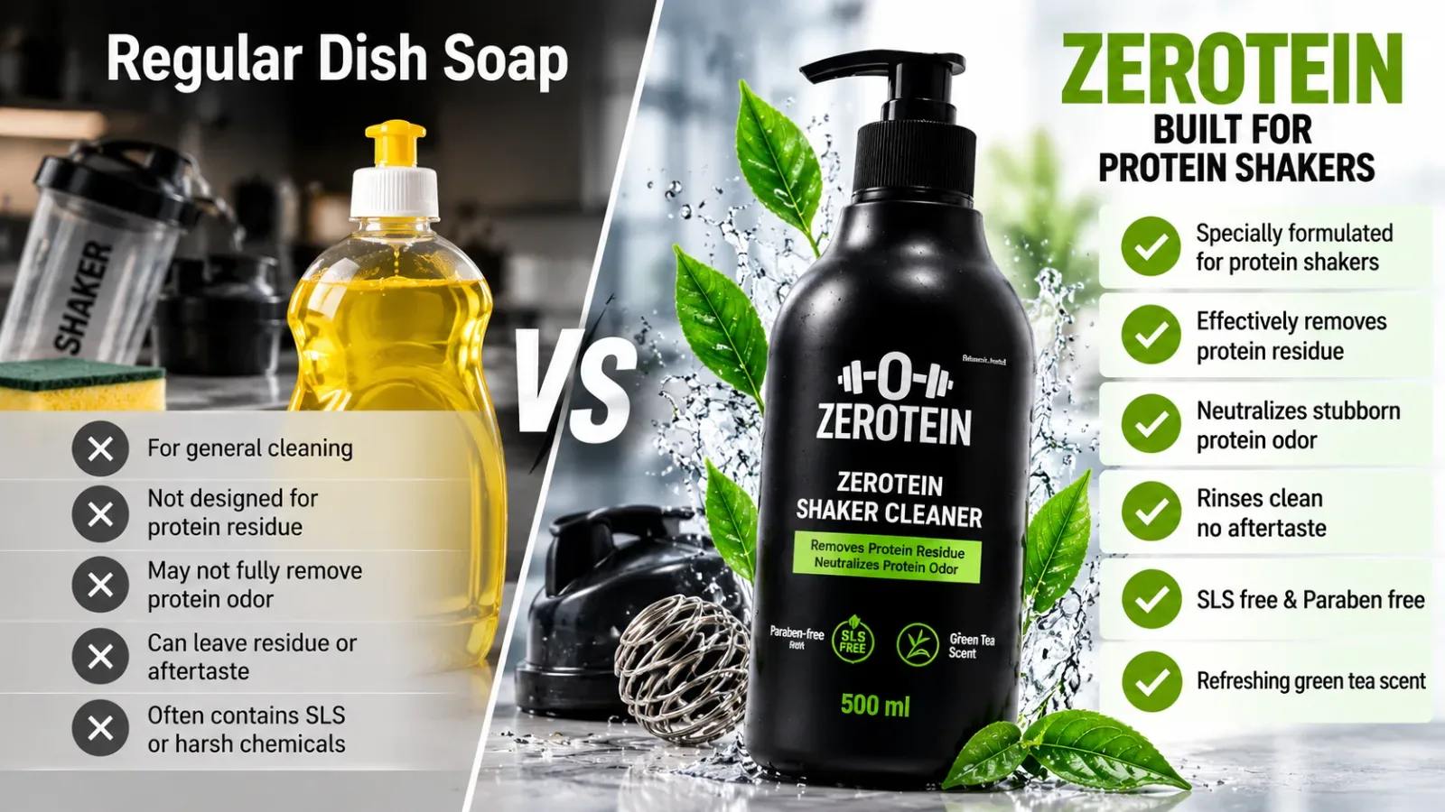 Comparison of regular dish soap and ZEROTEIN