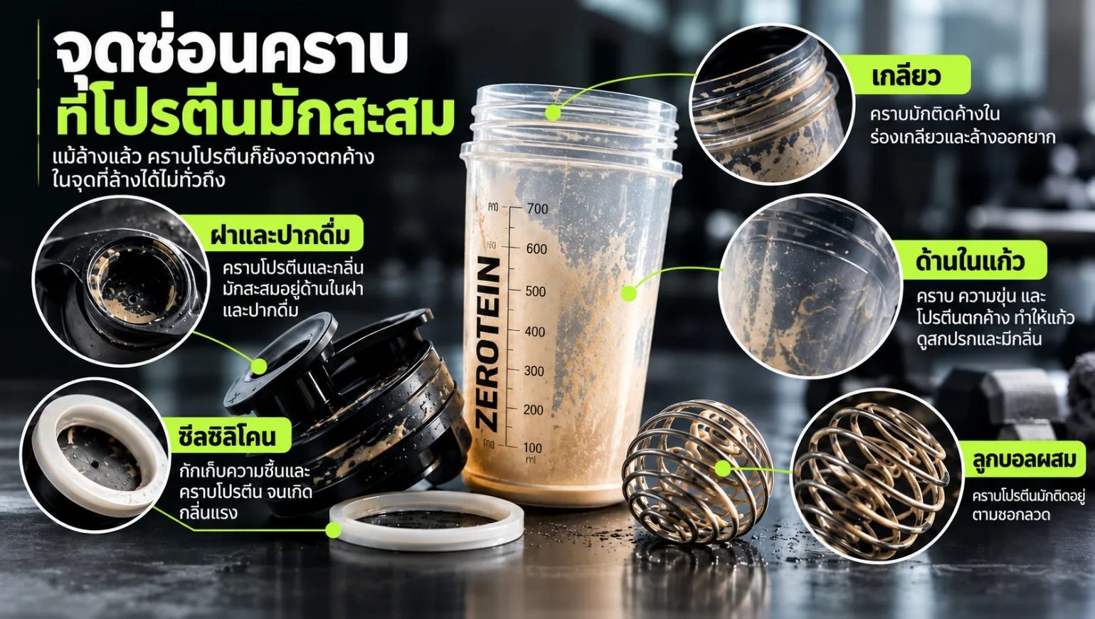 ภาพจุดซ่อนคราบที่โปรตีนมักสะสมในแก้วเชคเกอร์ ได้แก่ ฝาและปากดื่ม เกลียว ซีลซิลิโคน ด้านในแก้ว และลูกบอลผสม