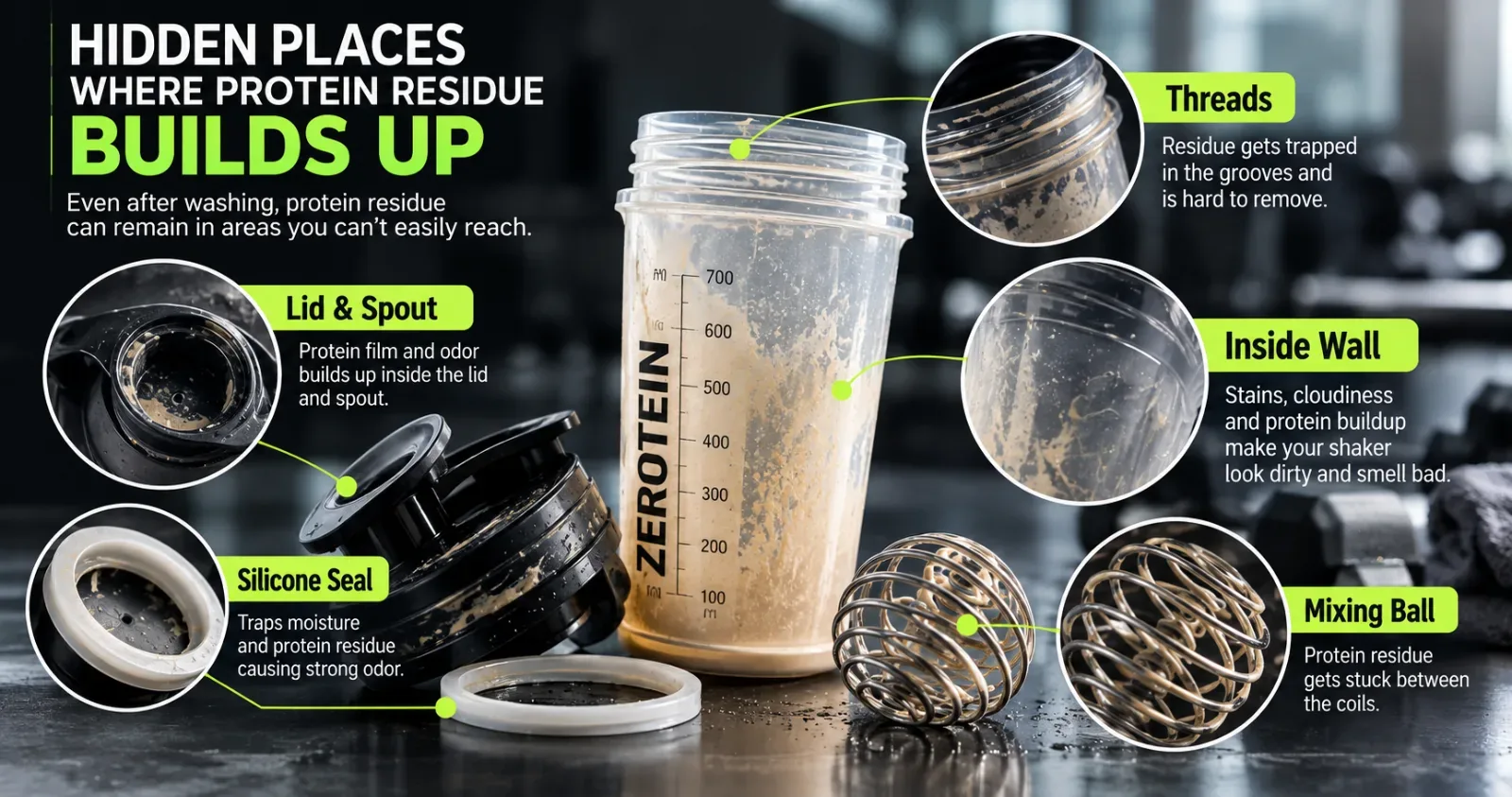 Diagram of a protein shaker showing residue in the lid, threads, silicone seal, inside wall and mixing ball
