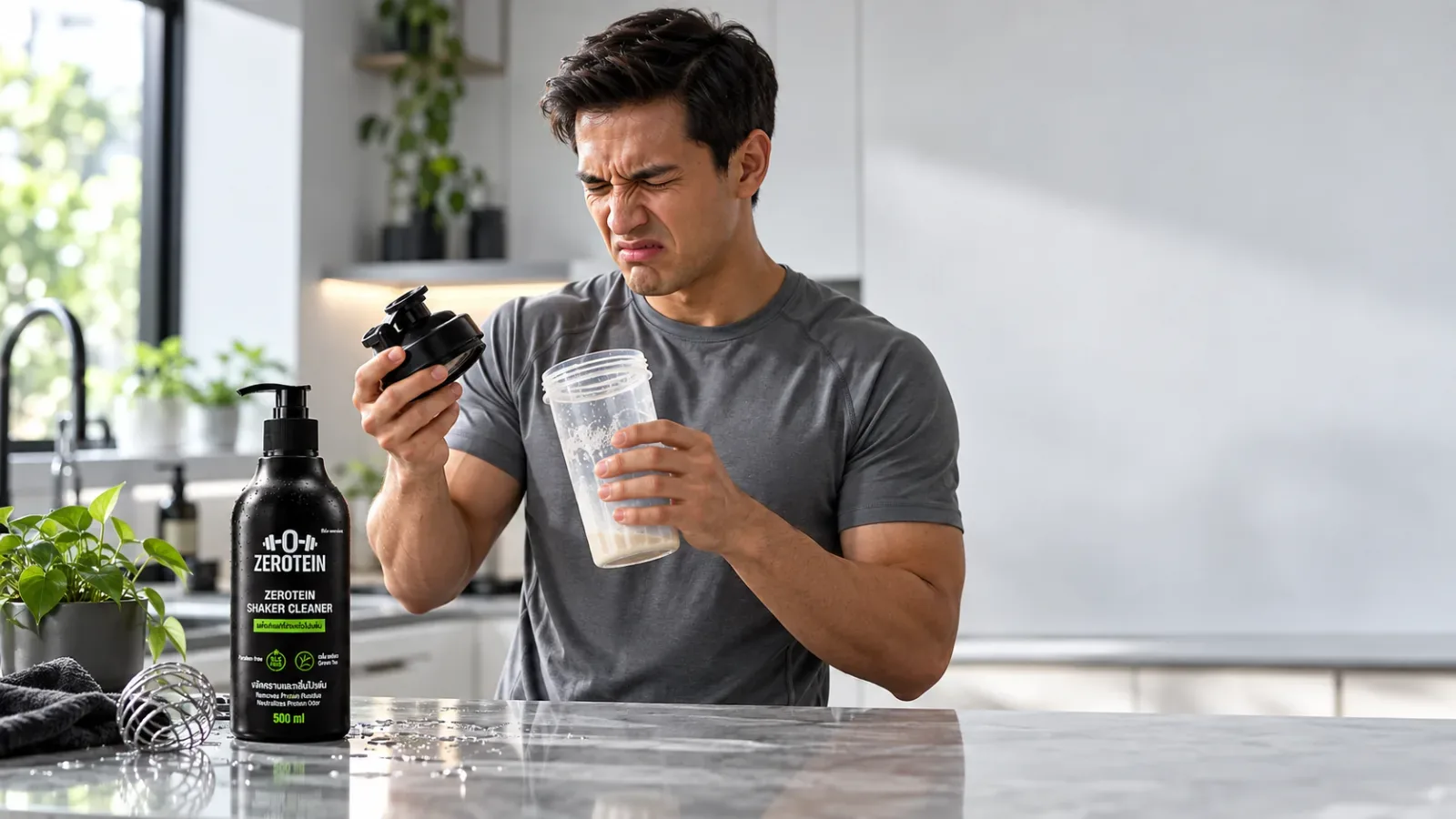 Man grimacing at the smell of his protein shaker after washing it