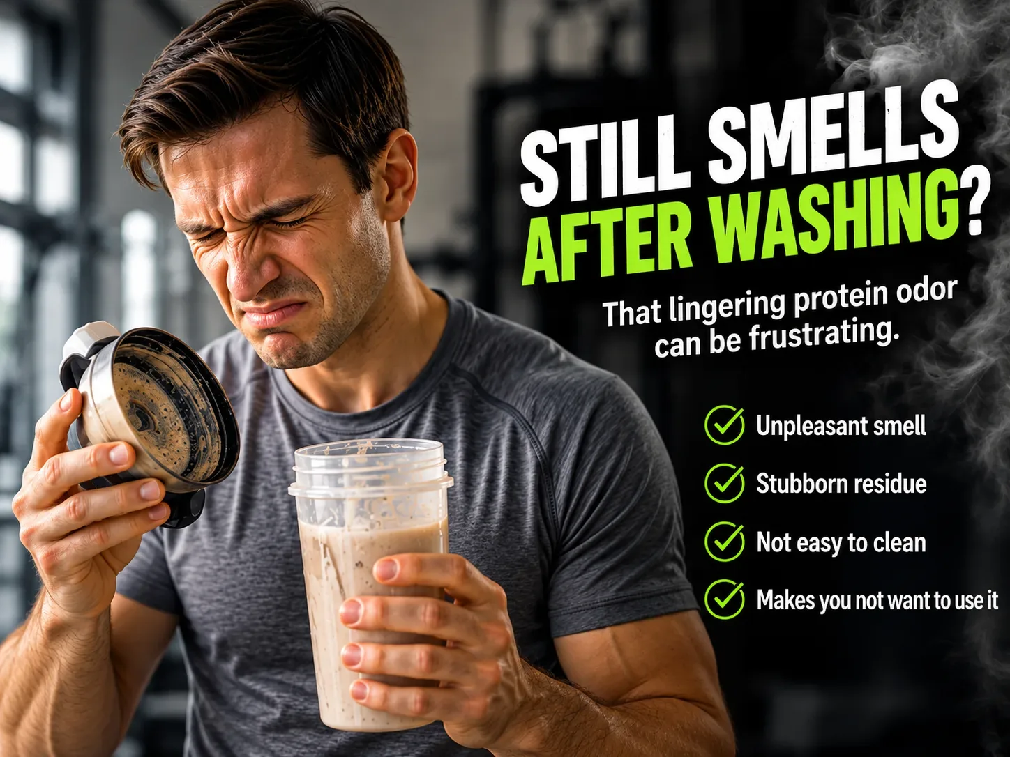 Man smelling a shaker that still smells after washing