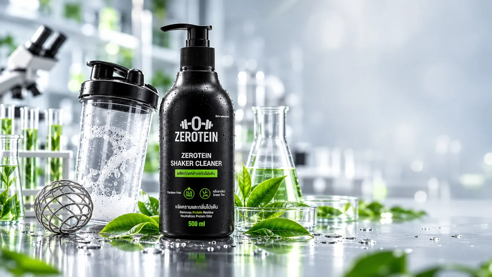 ZEROTEIN bottle with a foamy shaker and green tea leaves