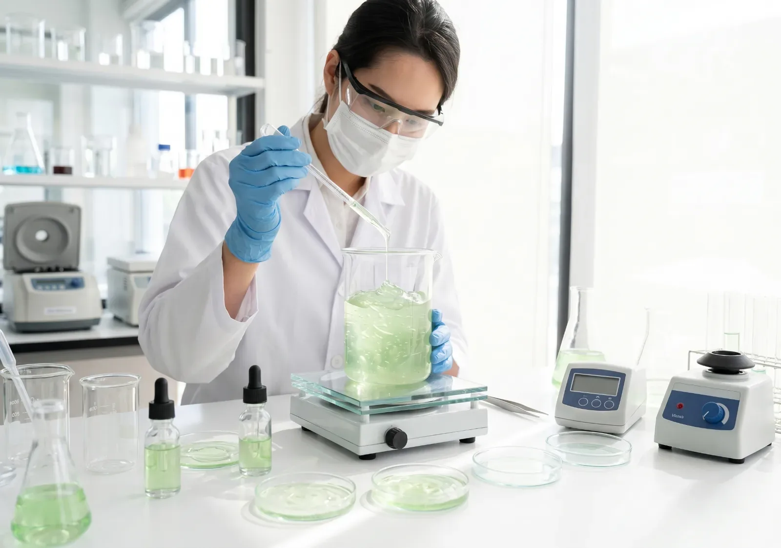 Scientist mixing a green cleaning formula in a laboratory